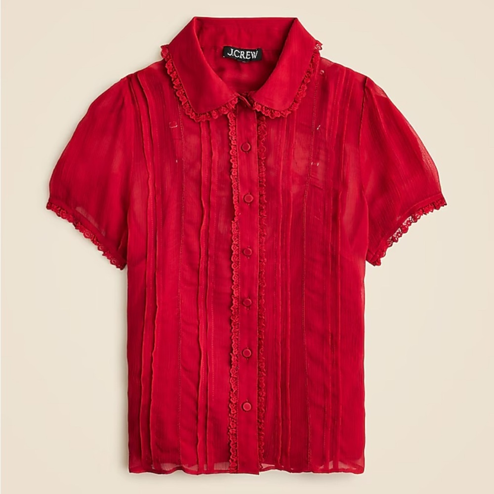 J. Crew Red Sheer Lace-Trim Button-Up Ruffle Shirt